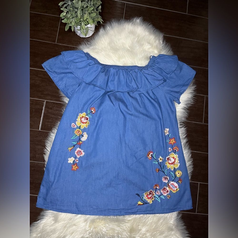 Velzera chambray floral embroidered off the shoulder tunic mini dress sz 1X